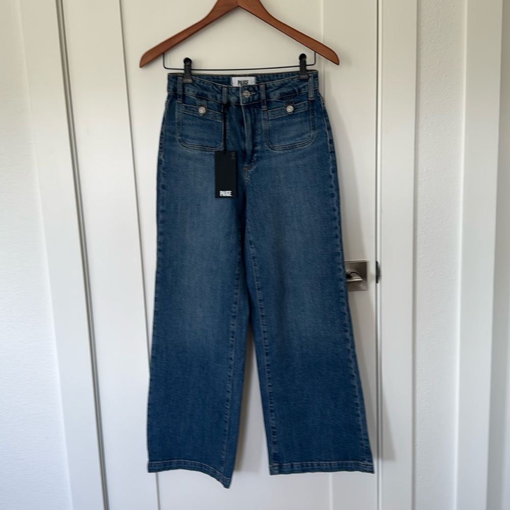 PAIGE  Anessa High Rise Wide Leg Jeans in Medium Blue Denim